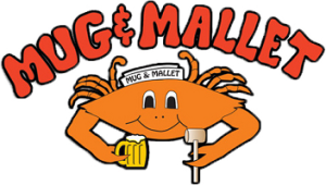 Mug and Mallet Logo of crab holding mug and mallet in hands